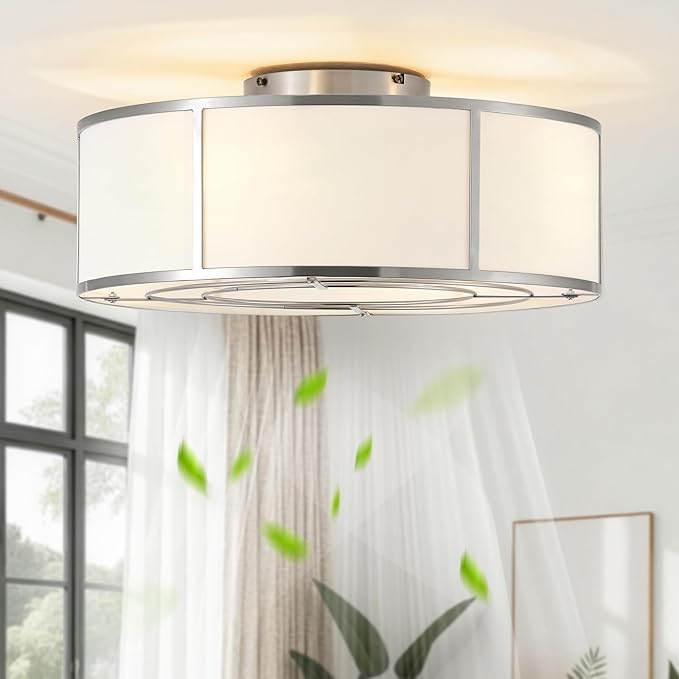 Low Profile Ceiling Fans with Lights, 20" Flush Mount Ceiling Fan with Light, Silver and White Boho Bladeless with 6 Speeds Remote Control for Bedroom, Nursery, Living Room