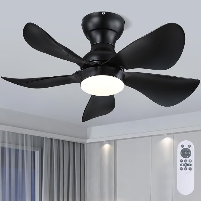 PHORUS 30"Black Low Profile Flush Mount Ceiling Fans with Lights and Remote | Super Large Airflow with 6 Wind Speeds, Reversible, Dimmable 3 CCT LED, 30W Noiseless DC Motor,Timer, for Bedroom Kitchen