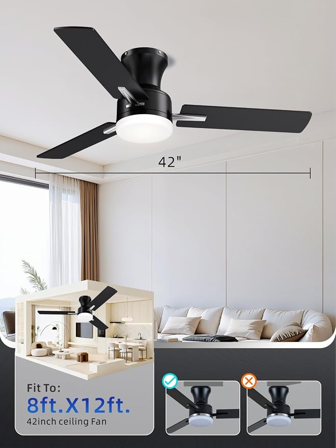 LANMEL 42 Inch Flush Mount Ceiling Fan with Light, App&Remote Control, Low Profile Modern Ceiling Fan, 6 Speed, Reversible, 3000k-6500k Dimmable LED, Quiet DC Motor for Indoor Outdoor,Black Silver