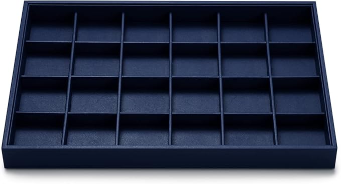 Oirlv Stackable Premium Leather Jewelry Trays 24 Grid Jewelry Organizer for Drawer Rings Earrings Holder Organizer | Blue Leather Exterior, Soft Microfiber Interior, 24 Grid Inserts, Elegant Blue Color, Versatile Jewelry Organizer