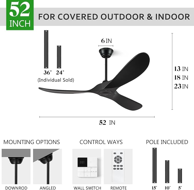 Eliora 52 Inch Ceiling Fan without Lights, Wood Ceiling Fans no Light with Remote Wall Switch and DC Motor, Indoor Outdoor Fan for Patio, Porch, Bedroom Propeller 3 Blades Ceiling Fans Matte Black
