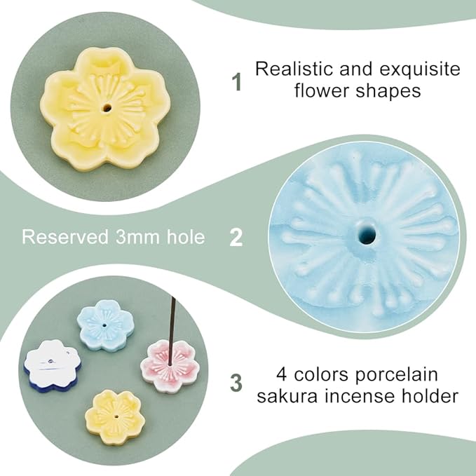OLYCRAFT 4pcs Cherry Blossom Ceramic Incense Stick Holder 1.8x1.9 Inch Porcelain Sakura Incense Holder 8mm Thick Japanese Flower Incense Stick Tray Incense Burner Holder for Home Desktop Decor-4 Color