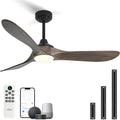 52” Outdoor Ceiling Fan with Light, Compatible with Alexa/Google, 3 Walnut Solid Wood Blade, Noiseless Reversible Dc Motor, Smart Outdoor Wood Ceiling Fan for Farmhouse Patios, Dark Brown