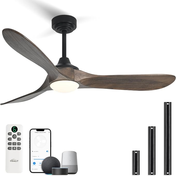 52” Outdoor Ceiling Fan with Light, Compatible with Alexa/Google, 3 Walnut Solid Wood Blade, Noiseless Reversible Dc Motor, Smart Outdoor Wood Ceiling Fan for Farmhouse Patios, Dark Brown