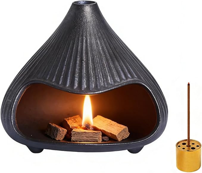 Ceramic Incense Holder, Mini Palo Santo Burner Chimney for Palo Santo Sticks, Cone Incense and Sage Smudging, Handmade Cone Incense Holder Burner for Yoga, Meditation, and Energy Cleansing (Black 01)