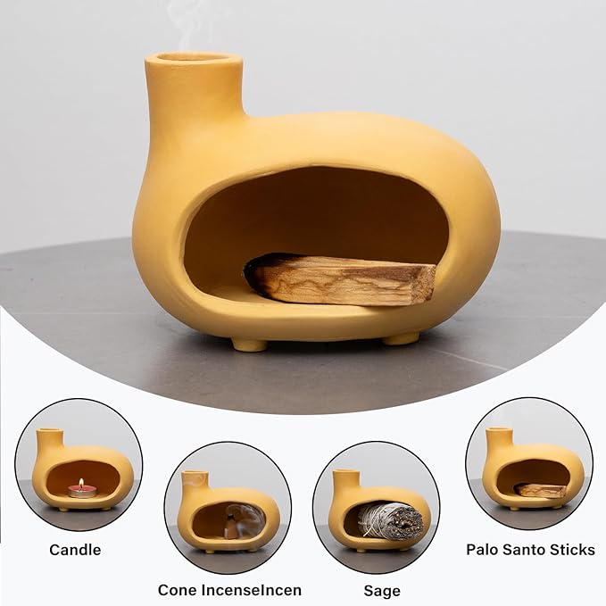 MOUGIGI Yellow Palo Santo Holder with Chimney–Mini Fireplace Incense Burner for Sage Burning, Wood Sticks, Cones&Tealights-Handcrafted Ceramic Smudge Bowl,Aromatic Incense Burner-Yoga Meditation Gift