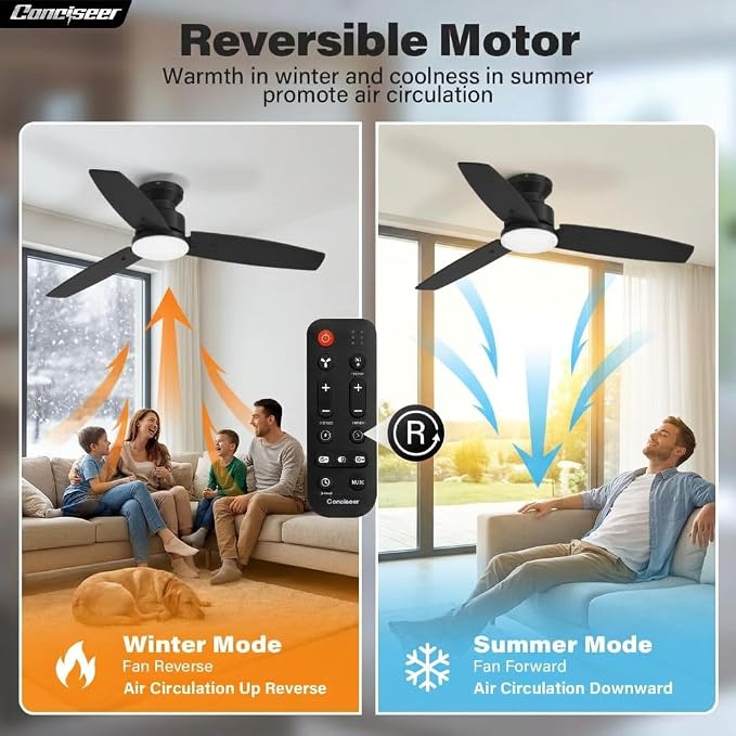 Conciseer Modern 42 Inch Ceiling Fans with Lights and Remote for Bedroom Office, Flush Mount, 18W 6CCT Dimmable, Dual Color 3 Blades 6 Speed FReversible Quiet DC Motor Black/Wood Grain