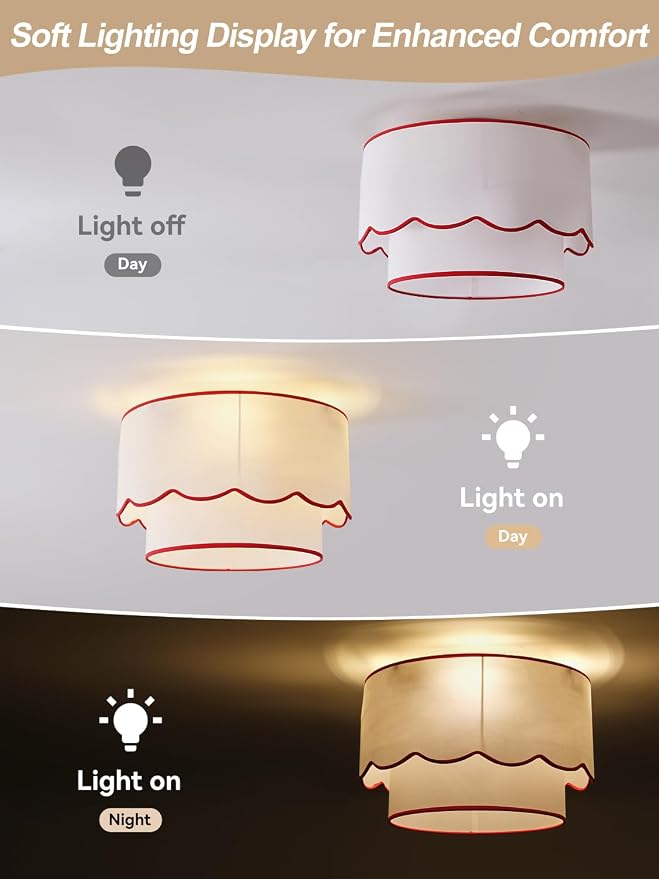 Flush Mount Ceiling Fan with Light, 18" Red Low Profile Boho Ceiling Fans with Lights Remote Control, Drum Caged Fabric with 6 Speeds for Bedroom,Nursery,Living Room