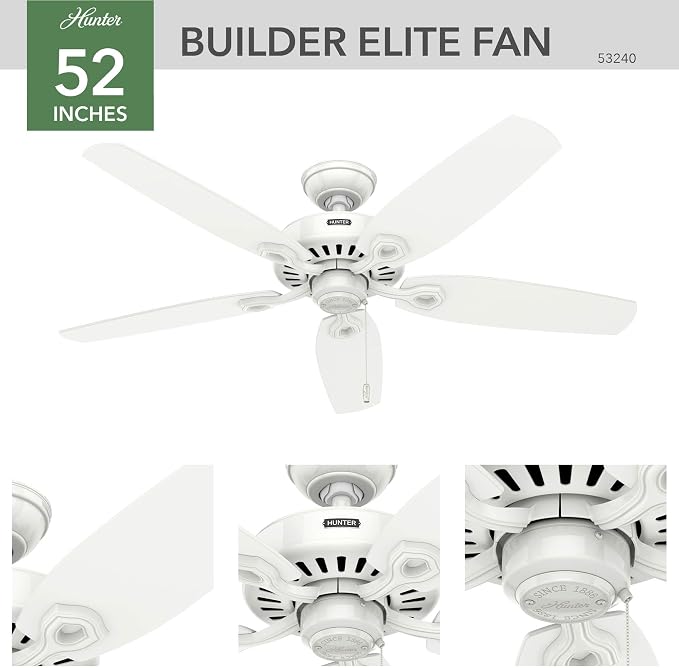 Hunter Builder Elite, Indoor, Ceiling Fan, No Light, 52 inch, Snow White | Standard Mount, Pull Chain, 5 Blades, For Bedroom, Living Room, Kitchen, 53240