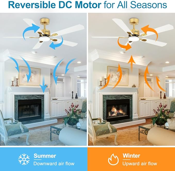 52 inch Ceiling Fan with Lights White and Gold, 3000K-6000K, 6 Wind Speeds, Dimmable LED Ceiling Fan 5 Blades, Quiet Reversible DC Motor, Modern Ceiling Fan for Bedroom, Living Room, Patio