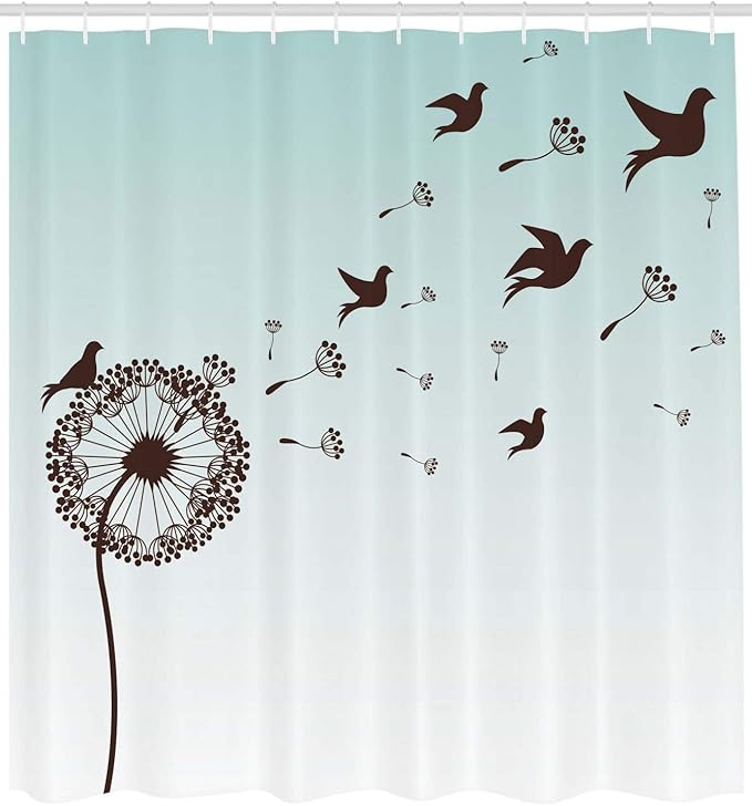 Ambesonne Art Shower Curtain, Dandelion Flower Arrangement Petals Doves Flying Silhouettes Fantasy Blooms Print, Cloth Fabric Bathroom Decor Set with Hooks, 69" W x 84" L, Turquoise Brown