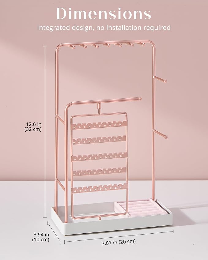 ProCase Jewelry Stand Holder Organizer and Storage, Rosegold (No-Assembly) | Rotating Earring Bracelet Holder Storage, Hanging Jewelry Display Velvet Ring Tray, Teen Girls Birthday Gifts Room Dorm Decor