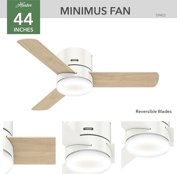 Hunter Minimus, Indoor, Ceiling Fan, with LED Light, 44 inch, Fresh White | Modern, Low Profile Flush Mount, Remote Control, 3 Blades, For Bedroom, Living Room, 59452