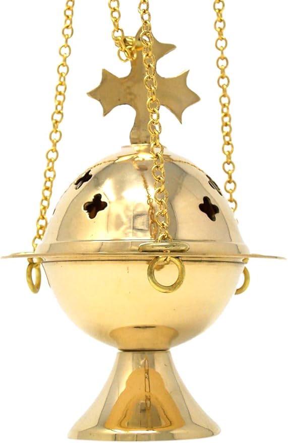 Needzo High Polished Brass Cross Design Hanging Church Thurible Censer with Chain, 4 3/4 Inch