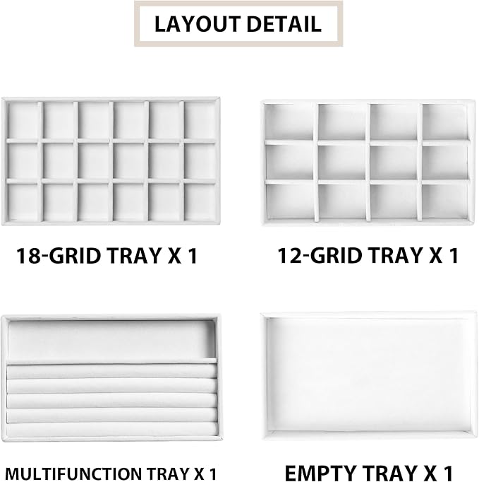 Frebeauty Jewelry Trays for Drawer,Set of 4 Jewelry Organizer and Storage | Velvet Material,Earring Holder Organizer,Stackable Jewelry Display for Vanity,Drawer Inserts for Rings,Studs,8.3×4.9 inch