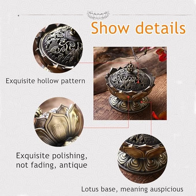 Vintage Backflow Smoke Incense Incense Holder Metal Incense Cone Holder Lotus Bowl Zinc Alloy for Home Office Ornament (Bronze)