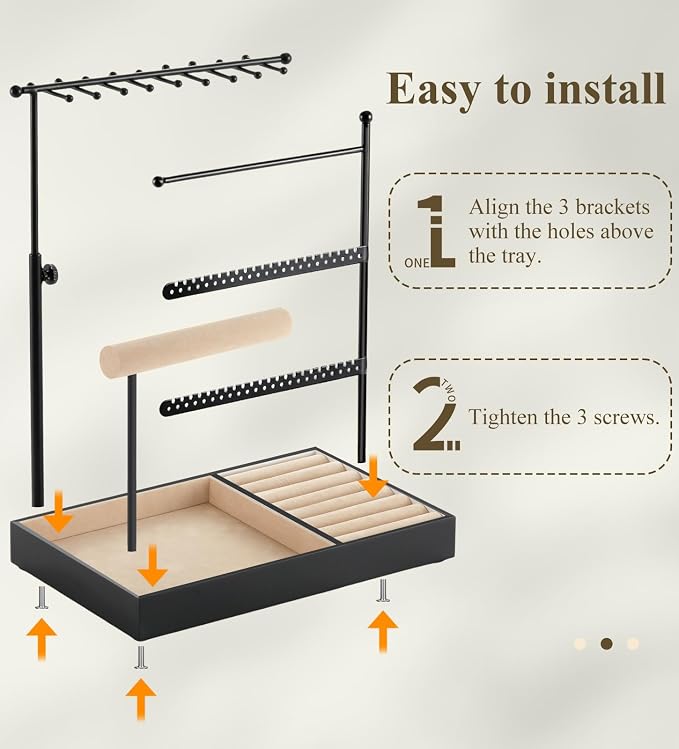 Emibele Jewelry Necklace Holder, 5 Tier Jewelry Organizers and Storage | Earring Bracelet Holder, Jewelry Display with Metal Frame Velvet Ring Tray, Aesthetic Jewelry Stand Gifts for Women, Black