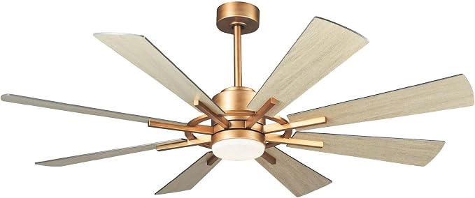 60 inch Gold Ceiling Fan, Indoor & Outdoor Large Ceiling Fans with Lights and Remote, 8 Blades, Quiet DC Motor, High Ceiling Fan for Kitchen Living Room Garage, 3 CCT, 6 Speed, Timer
