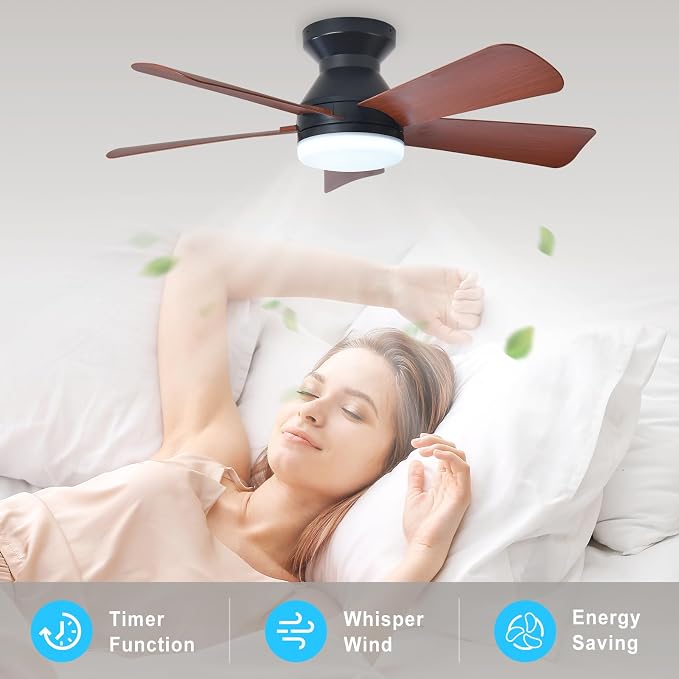 Depuley Modern Ceiling Fan with Light: 35-Inch Black Small Fans for Bedroom Indoor Outdoor - Dimmable Low Profile Ceiling Fans with Remote Control Flush Mount 5 Reversible Walnut Blades 6 Speeds Timer