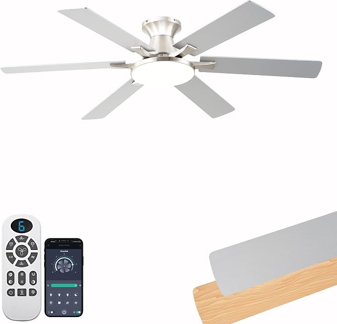 Ceiling Fans with Lights,54 Inch Low Profile Ceiling Fan with Light and Remote Control,6 Speeds/6 Blade,Flush Mount,LED Dimmable DC Reversible Modern, Nickel Ceiling Fan for Bedroom/Living Room