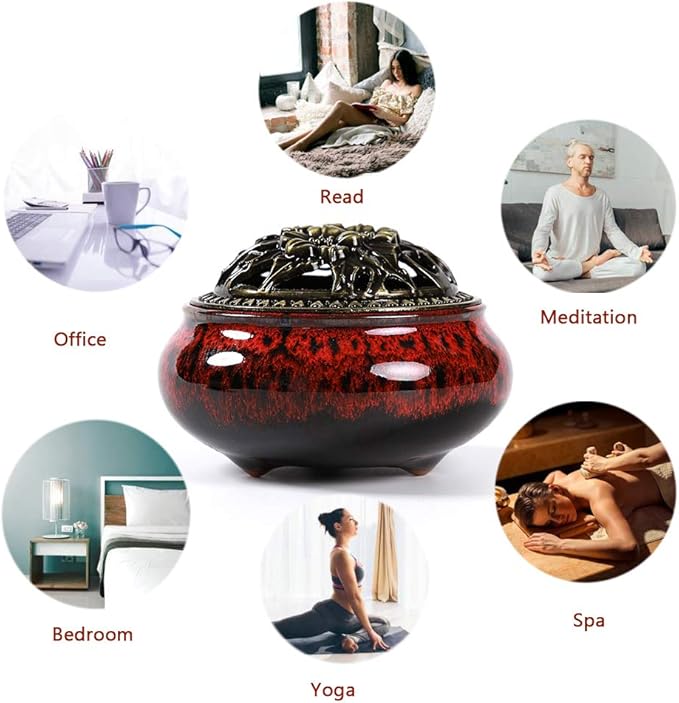 Incense Burner with Calabash Incense Stick Holder - Porcelain Charcoal Censer for Use with Resin Granular Powder Cone or Coil Incense (Fambe Red)
