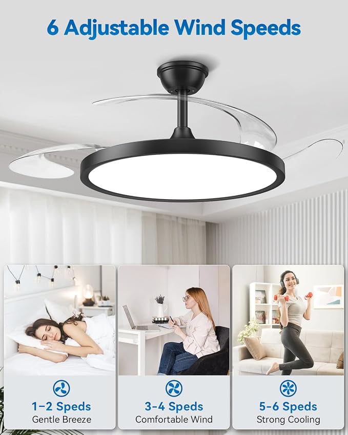 【Slim】48" Retractable Ceiling Fans with Lights, Large Fandelier Ceiling Fan with Light and Remote, Reversible, 3 CCT, Dimmable, Modern Chandelier for Bedroom, Living Room, Dining Room (Black)