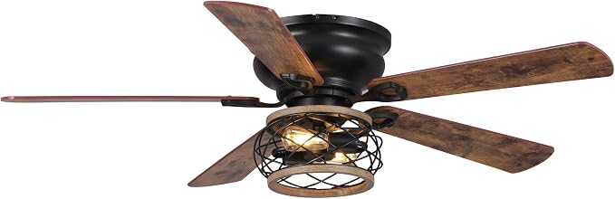 48" Farmhouse Ceiling Fans with Lights, Cage Flush Mount Ceiling Fan with Remote for Bedroom, Living Room, 5 Double Blades, Noiseless Reversible Motor, Timer