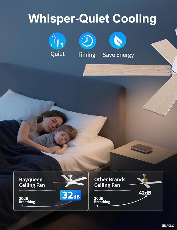 Rayqueen 52 Inch White Ceiling Fans with Lights and Remote,Includes Downrod | 6 Speed Reversible DC motor,3-color temperature dimmable LED.For indoor/covered outdoor.Modern style for bedroom room