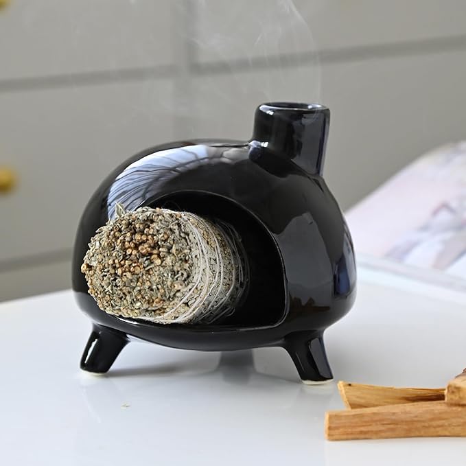 Handmade Ceramic Palo Santo Holder Burner - Mini Chimenea Incense Dish for Palo Santo and Sticks .Sage Holder for for Aromatherapy, Yoga, Meditation Gift and Home Decor (Black1)