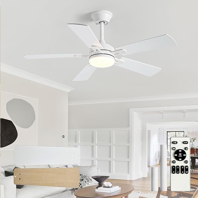 Depuley 42-inch Ceiling Fan with Light: White Ceiling Fan for Living Room Indoor Outdoor - Modern Ceiling Fan with Remote Control 3CCT Dimmable Noiseless 5 Reversible Wood Blades 6 Speeds Timer