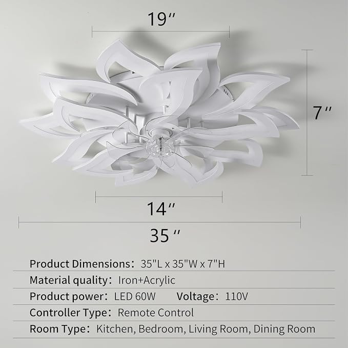 15Leaves-White Flower Modern CeilingFans with Lights, Low Profile Ceiling Fan with Remote for Bedroom, Ceiling Fan with LED Dimmable Light,3-Colors, 6-Speeds, Timing CeilingFan Light