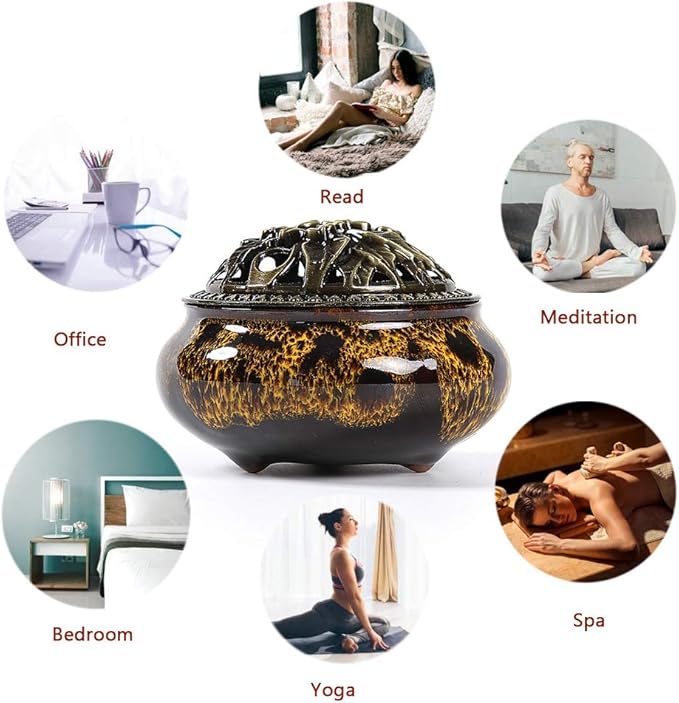 Incense Burner with Calabash Incense Stick Holder - Porcelain Charcoal Censer for Use with Resin Granular Powder Cone or Coil Incense (Fambe Yellow)