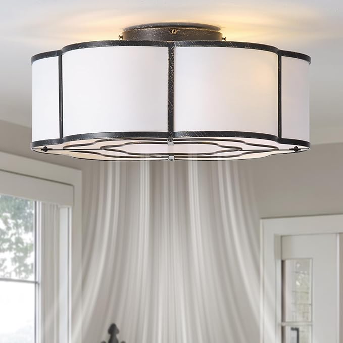 20" Farmhouse Ceiling Fan with Lights Flush Mount, Black Enclosed Ceiling Fans with Lights Remote Control, Caged with 6 Speeds for Bedroom, Living Room, Nursery