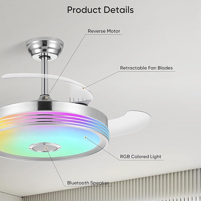 FIDGRA 48'' Retractable Ceiling Fan with Light, Bluetooth Modern Ceiling Fans with Speaker, RGB LED Lights, 6 Speeds, Reversible Motor for Bedroom, Living Room, Party-Chrome