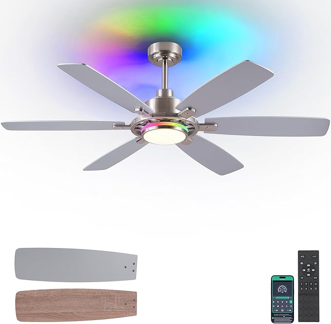 SHIHOT 54" Modern Sand Nickel 6-Blade RGB Ceiling Fans with Lights & Remote | 14 RGB Modes ,6 Wind Speeds, Reversible, Dimmable 3 CCT LED, 30W Quiet DC Motor,6 Double-Sided Blades,for Bedroom Kidsroom