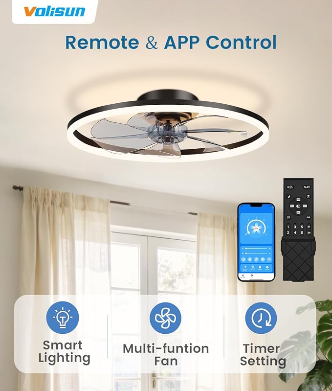 VOLISUN Low Profile Ceiling Fans with Light and Remote, No Assembly, 20in Fandelier Ceiling Fan with Lights, 3000K-6500K Dimmable Flush Mount LED Fan Light, Black Bladeless Ceiling Fans for Bedroom
