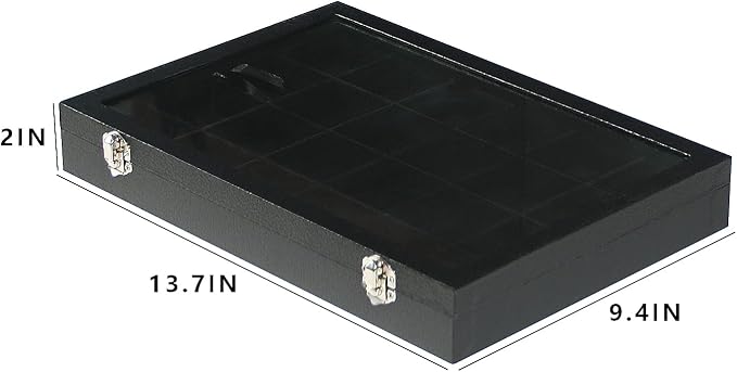 Coward Jewelry Organizer Box, Black Velvet 24 Grids Ring Earring Jewelry Display Tray Case with Transparent Glass Lid for Home Drawer or Shop Selling