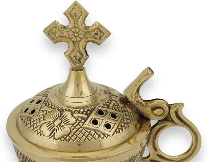 Orthodox Brass Incense Burner - Ornate Christian Censer with Cross for Home or Church Use, 6.3 inch