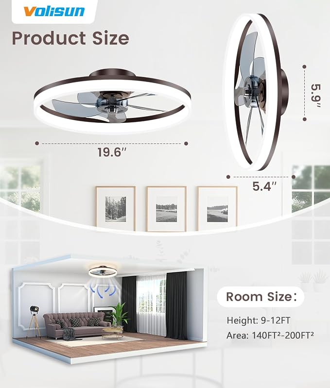VOLISUN Low Profile Ceiling Fans with Lights and Remote, 20in Fandelier Ceiling Fan Flush Mount, 3000K-6500K Smart Bladeless LED Fan Light, Brown Modern Ceiling Fans with Lights for Bedroom