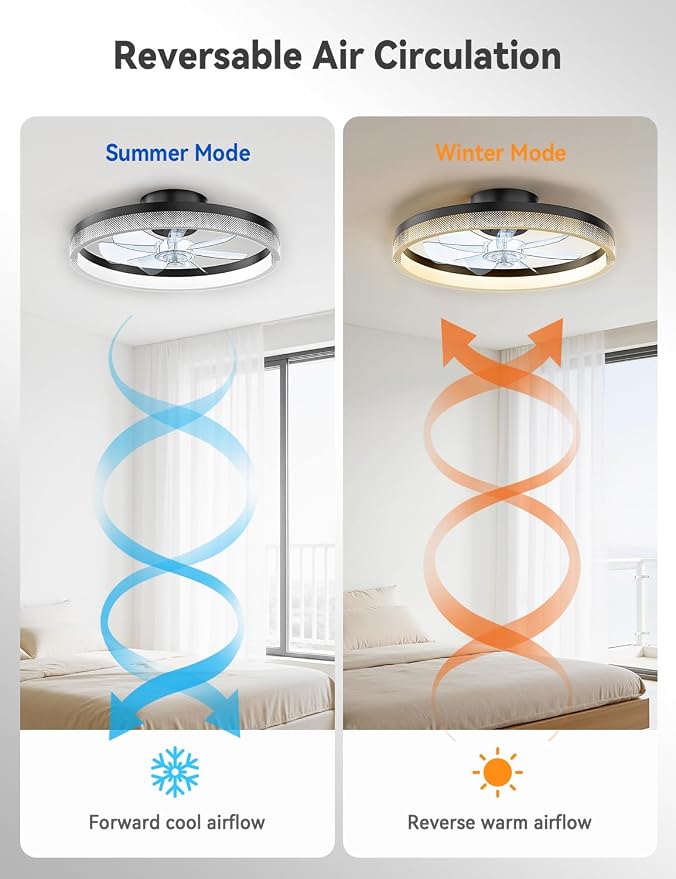 AKOFUN 18" Ceiling Fans with Lights and Remote, Low Profile Flush Mount Ceiling Fan with Light, 3000-6500K Dimmable LED Fan Light, Modern Bladeless Fandelier Ceiling Fans for Bedroom, Black Dot