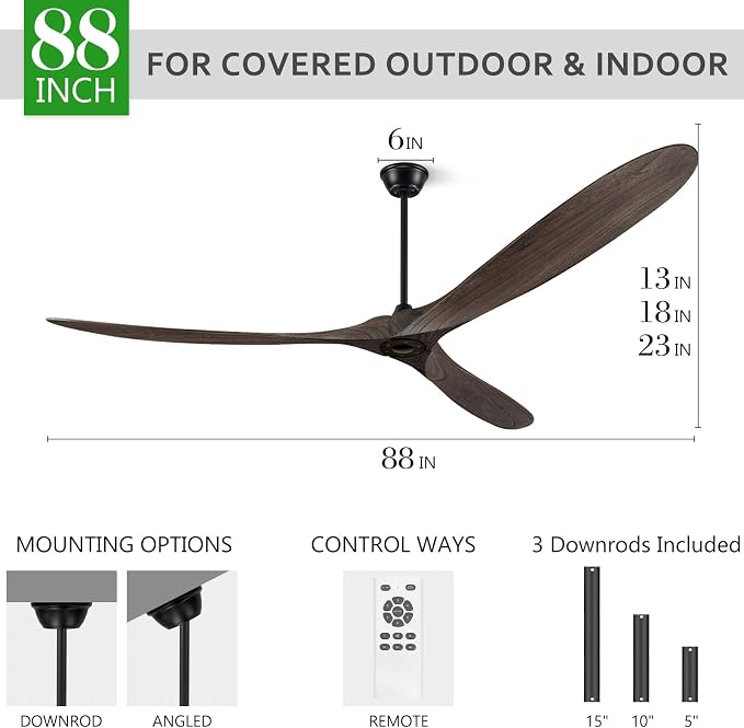Eliora 88" Ceiling Fans Without Lights, Wood Ceiling Fan no Light with Remote, Large Outdoor Ceiling Fan for Patio, Porch, Bedroom, 6 Speed, Quiet DC Motor, ETL Listed-Deep Brown