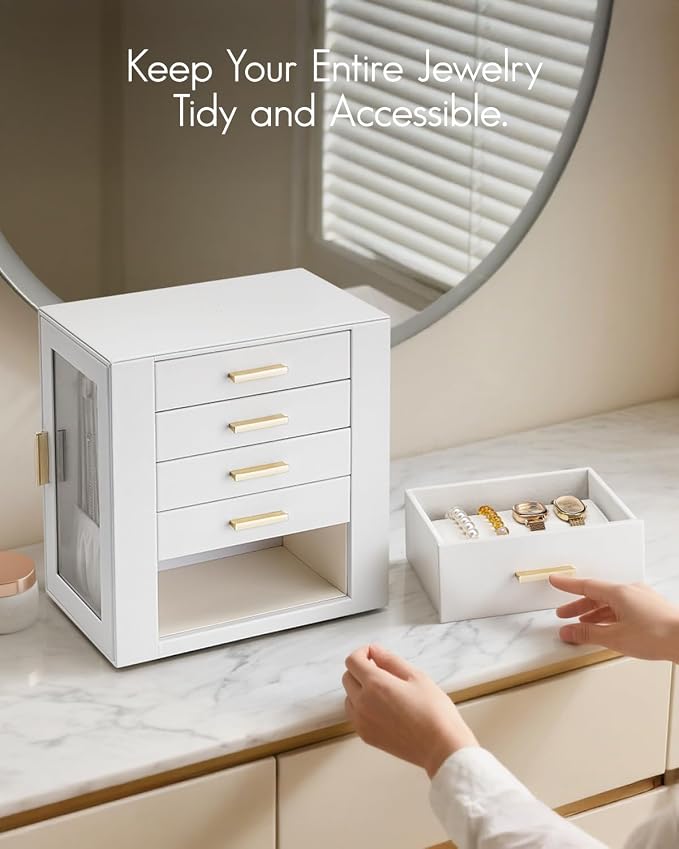 VLANDO 360° Rotating Jewelry Box with 5 Drawers, Large Jewelry Storage with 2 Glass Window, PU Leather Jewelry Organizer for Bracelets, Necklaces, Earrings, Rings - White
