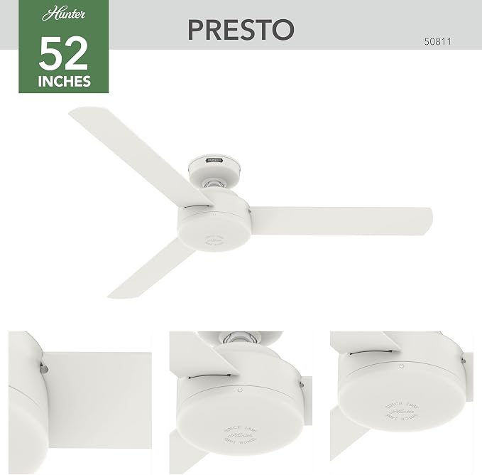 Hunter Presto, Indoor, Ceiling Fan, No Light, Modern, 52 inch, Matte White | Standard Mount, Wall Control, 3 Blades, For Bedroom, Living Room, Kitchen, 50811