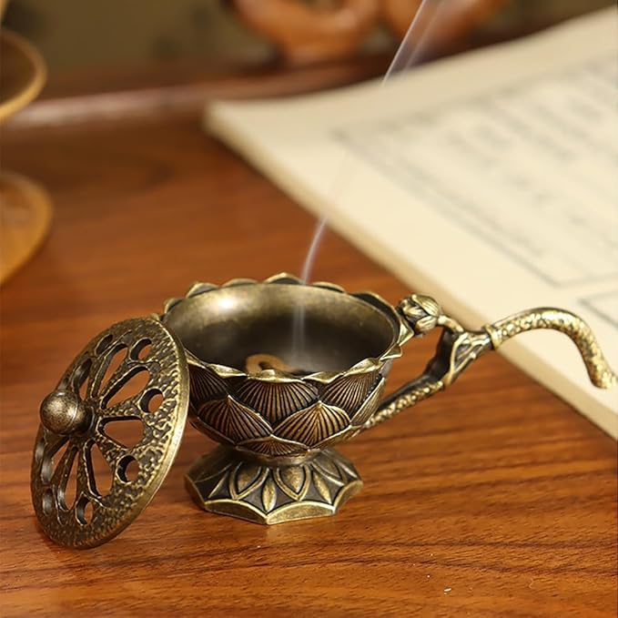 1Pcs Mini Zinc Alloy Lotus Flower Incense Holder with Lid Retro Hollow Out Ash Catcher with Handle for Cones for Yoga Spa Aromatherapy Enthusiasts
