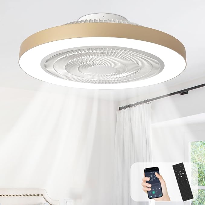 Depuley LED Ceiling Fan with Light: 19" Modern Flush Mount Low Profile Ceiling Fans with Remote & Smart APP Control - Gold Bladeless Fandelier Dimmable Quiet DC Motor for Bedroom Kids Room 6 Speeds