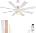NKPU 52" Farmhouse Crystal Ceiling Fans with Lights and Remote, Chandelier Industrial Ceiling Fan with Dual 8 Blades, 6 Speed Reversible Motor, Timing, White Ceiling Fan for Living room, Bedroom