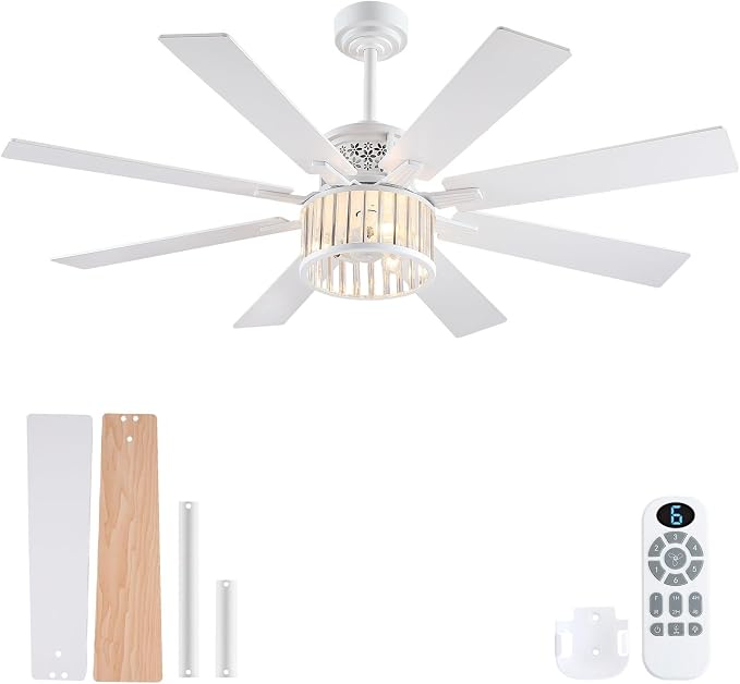 NKPU 52" Farmhouse Crystal Ceiling Fans with Lights and Remote, Chandelier Industrial Ceiling Fan with Dual 8 Blades, 6 Speed Reversible Motor, Timing, White Ceiling Fan for Living room, Bedroom