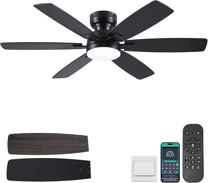 Kviflon 52" Ceiling Fans with Lights, Low Profile Ceiling Fan with Light and Remote/APP Control, Flush Mount Ceiling Fan with 6 Reversible Fan Blades, 3CCT, Dimmable, Quiet Motor for Bedroom Black