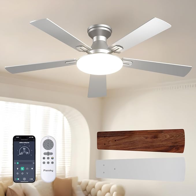 Passky Ceiling Fans with Lights, 52 inch Flush Mount Ceiling fan with Remote Control, Low Profile Silver Ceiling Fan for Bedroom, Farmhouse, Reversible, 3CCT, Dimmable, Noiseless DC Motor