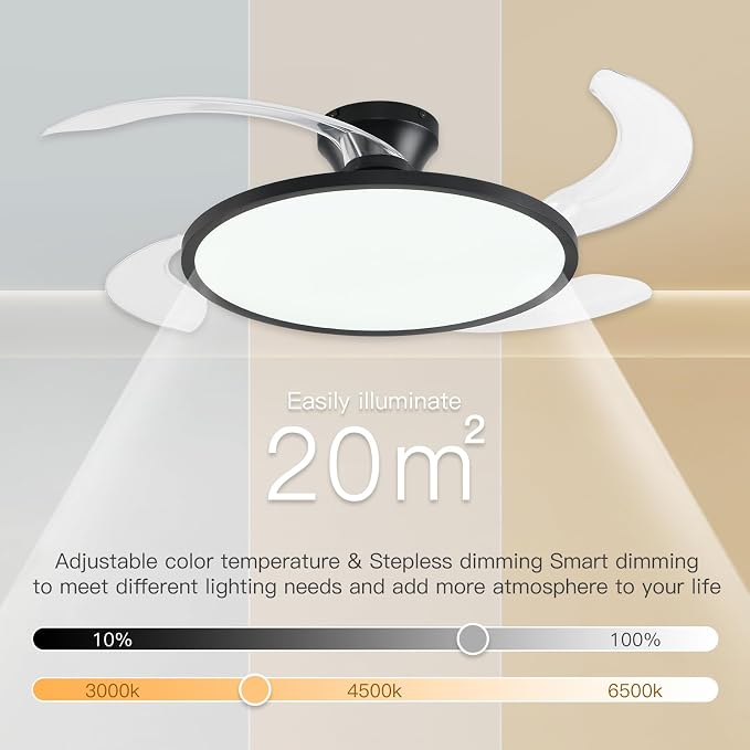 AHAWILL Retractable Ceiling Fan with Lights Remote Control,42'' Low Profile Ceiling Fan with Retractable Blades,Dimmable Full Spectrum,Modern Fandelier for Living Room Dinning Room Bedroom,Black